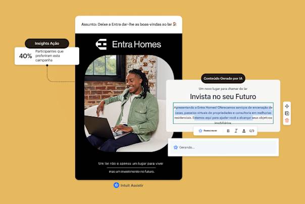 Interface de marketing exibindo a campanha da Entra Homes com conteúdo e insights gerados por IA, exibida em fundo amarelo