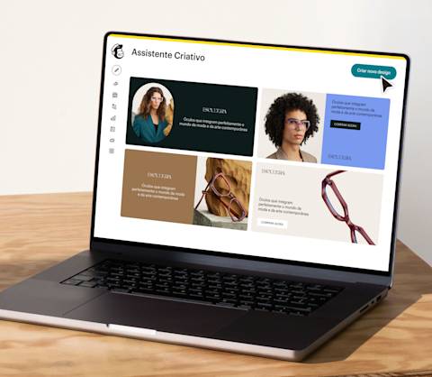 Imagem de um notebook com uma tela exibindo o recurso Creative Assistant do Mailchimp. O visual mostra designs gerados da marca fictícia Escultura, demonstrando como ferramentas de criação de conteúdo assistidas por IA podem auxiliar no desenvolvimento de conteúdo de marketing único e personalizado.