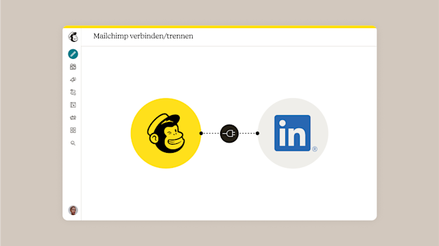 Verbindungsschnittstelle mit dem Mailchimp-Logo in einem gelben Kreis, verknüpft mit dem LinkedIn-Logo in Blau, mit der Option zum Verbinden/Trennen