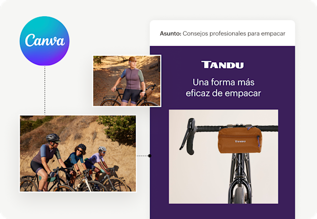 Maqueta de correo electrónico que muestra a ciclistas y una bolsa de almacenamiento en el manillar de una bicicleta, con un logotipo de Canva.

