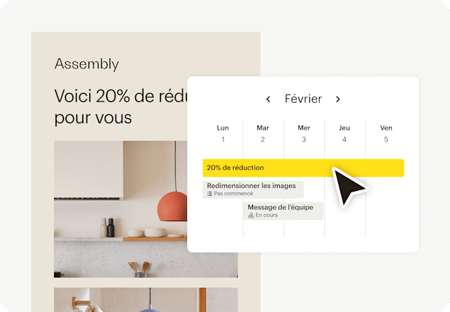 Image d’une interface abstraite d’e-mail de réduction de la marque fictive Assembly, à côté de l’interface utilisateur abstraite flottante de l’outil Campaign Manager de Mailchimp. Le visuel illustre la façon dont les entreprises peuvent utiliser la fonctionnalité pour susciter l’intérêt des clients et créer des campagnes optimales par e-mail, sur les réseaux sociaux, et plus encore. 